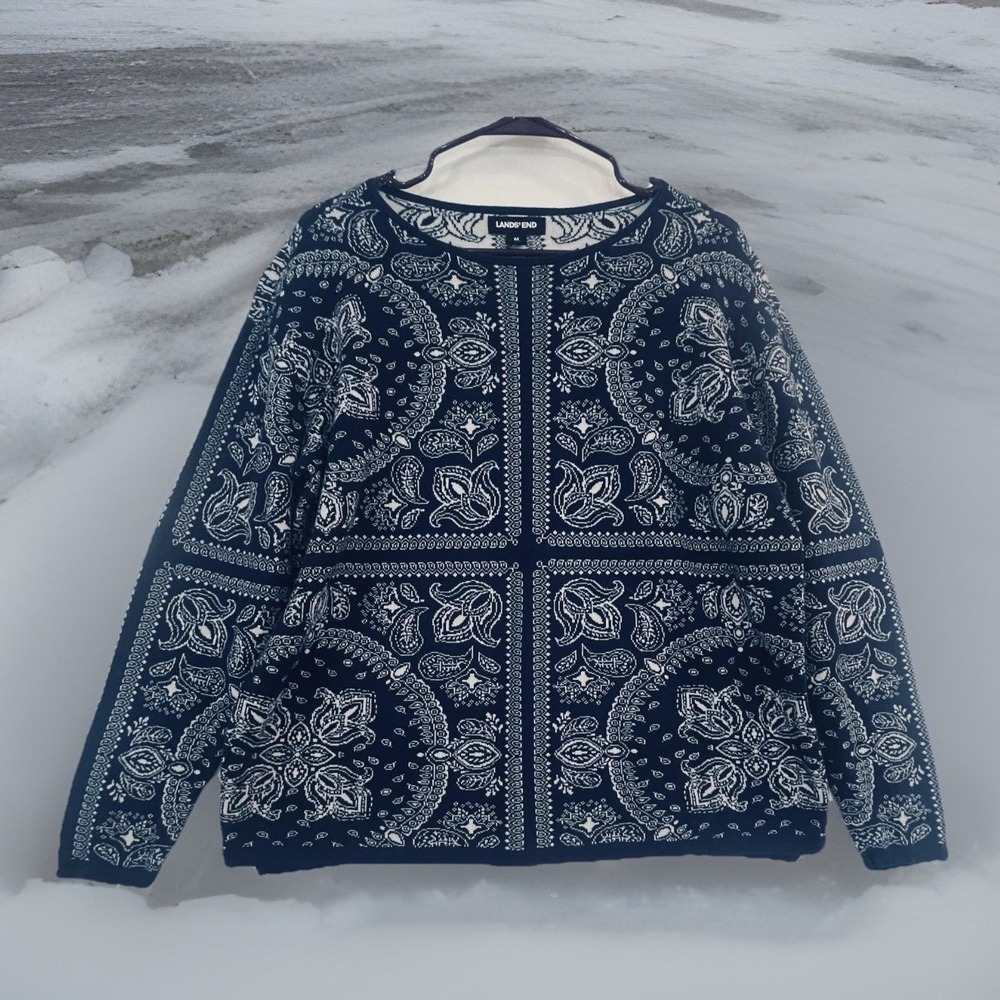 Lands' End Sweater Kids 10-12 Blue Paisley Bandana Cotton Knit Crew Neck